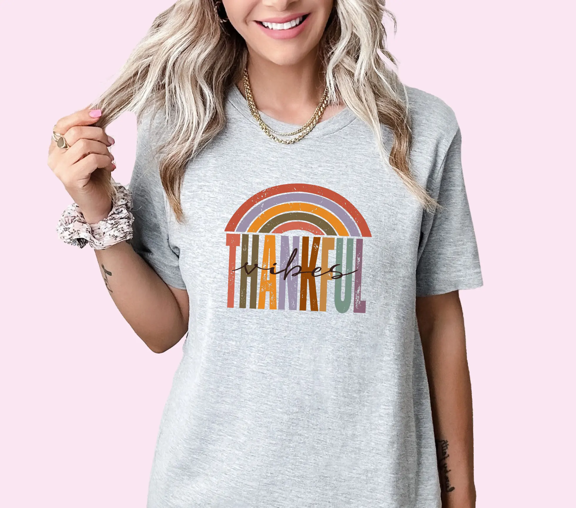 Thankful Vibes T Shirt Rainbow Retro Fall Thanksgiving s RTR5