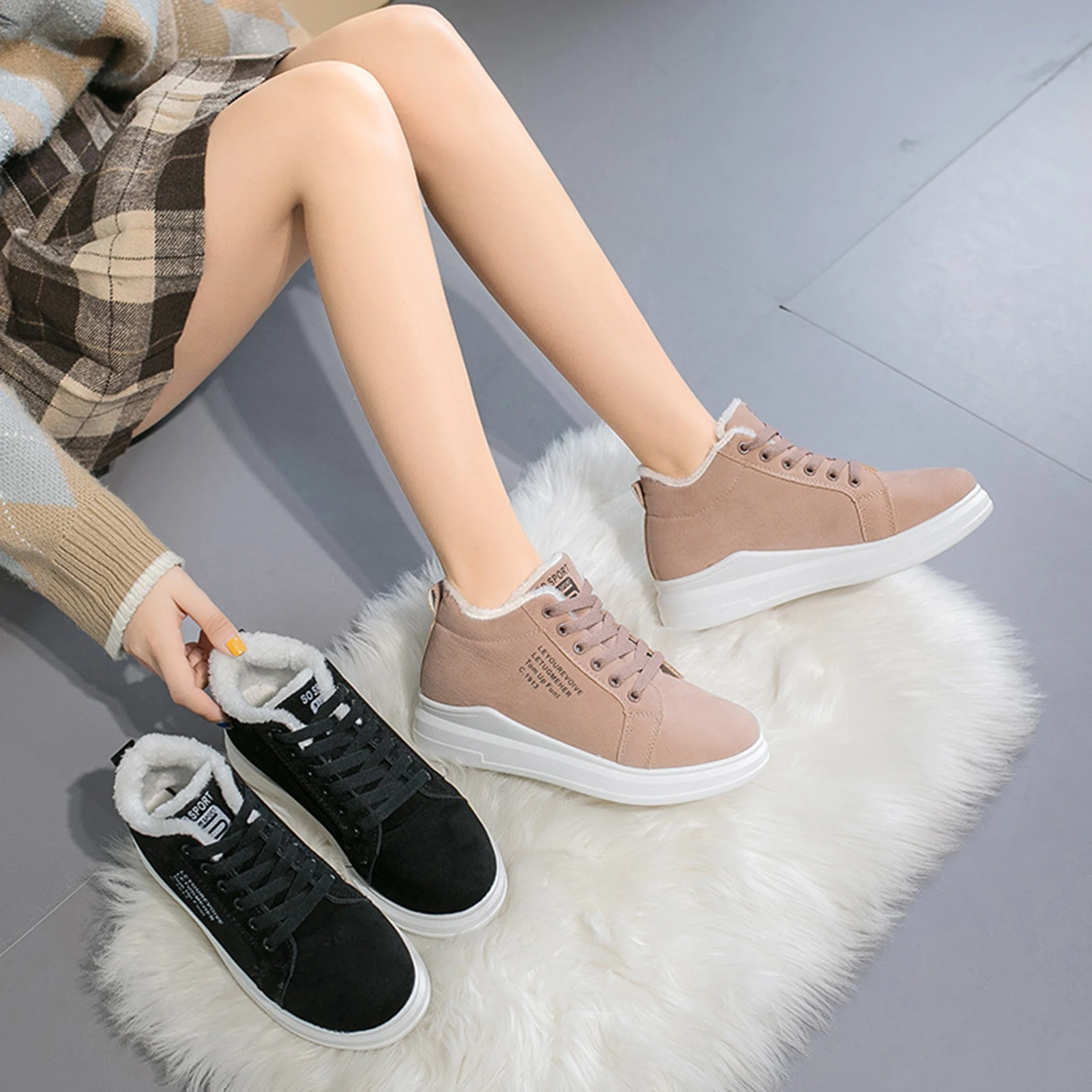 Female Winter Fluffy Casual Shoes Waterproof PU Leather Women Warm Sneakers for Business Travel Shopping Dating