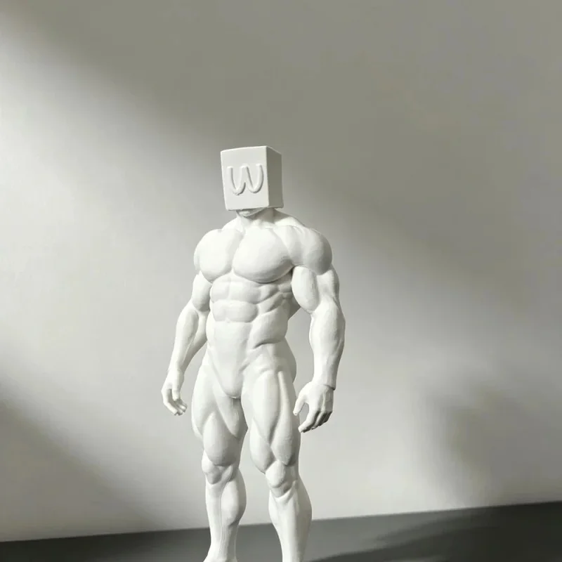 A Big-Boned Muscular Man With A 20cm White Figure Model. DIY Coloring For A Strong And Powerful Bodybuilder Figure.