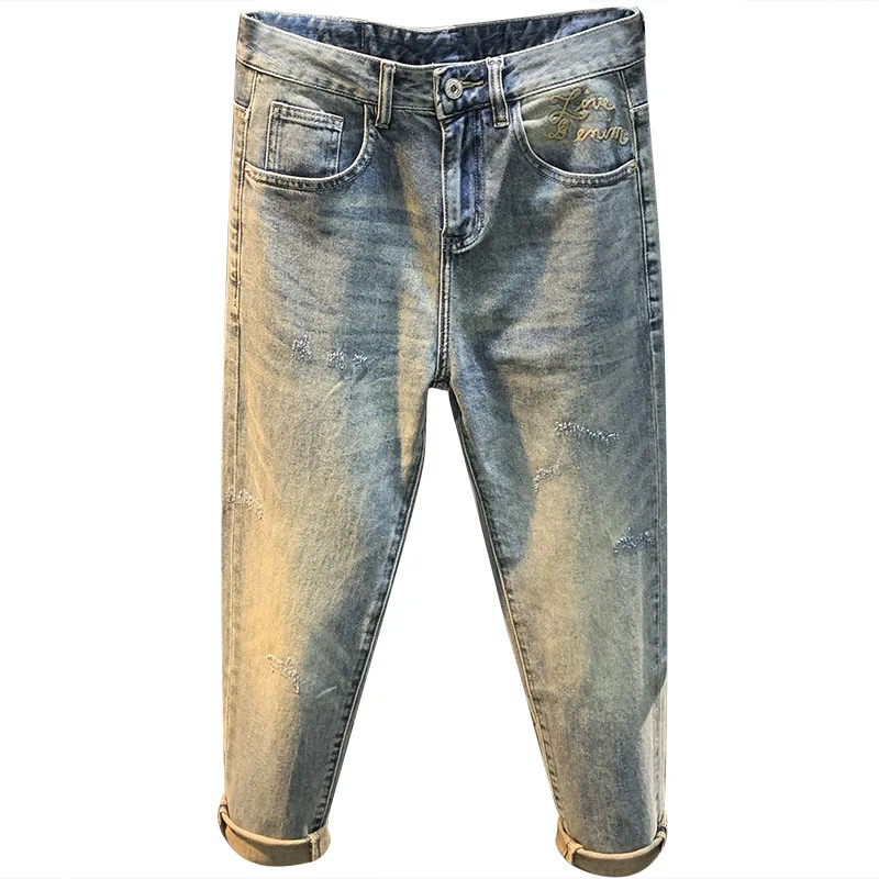 High End New Washed Jeans Men  Trend Embroidered Loose Summer Thin Straight Fitting Fashionable Versatile Casual Denim Pants