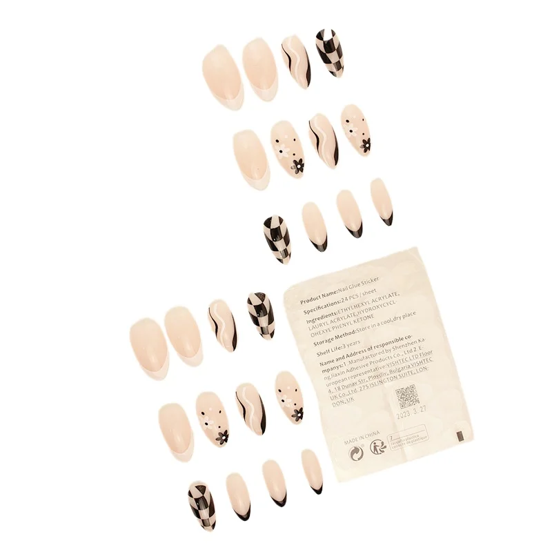 

Носите наклейку для ногтей с миндалем и черной шахматной доской, с цветком, съемная наклейка для ногтей, накладка для ногтей