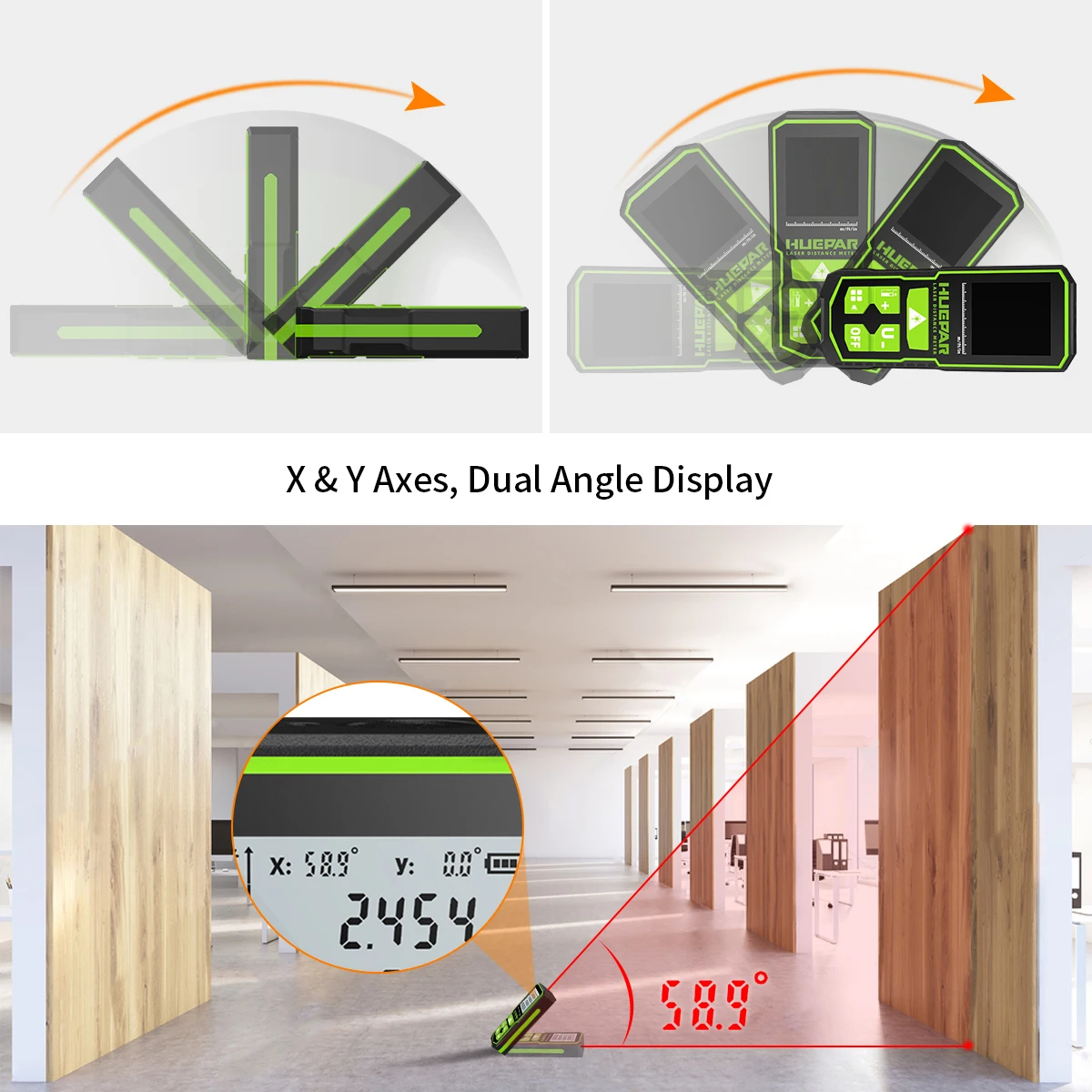 Imagem -05 - Huepar Medidor de Distância a Laser 100m Roleta Eletrônica Lcd Digital Laser Rangefinder Trena Metro Fita Medição Régua Teste Ferramentas