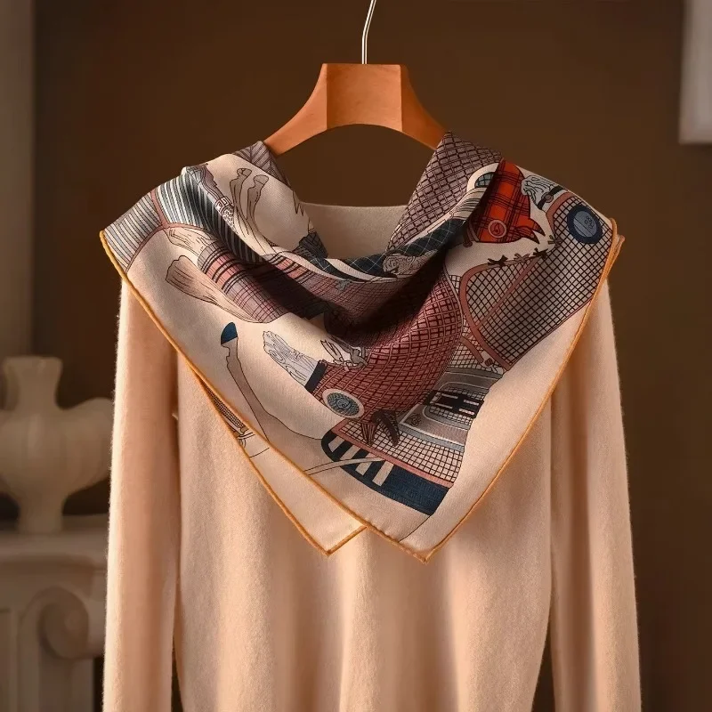 30% MULBERRY SILK 70% WOOL Square Scarf Double Sided Different Print Retro Equestrian Horse Plaid Neck Scarf Luxury Bandana Gift