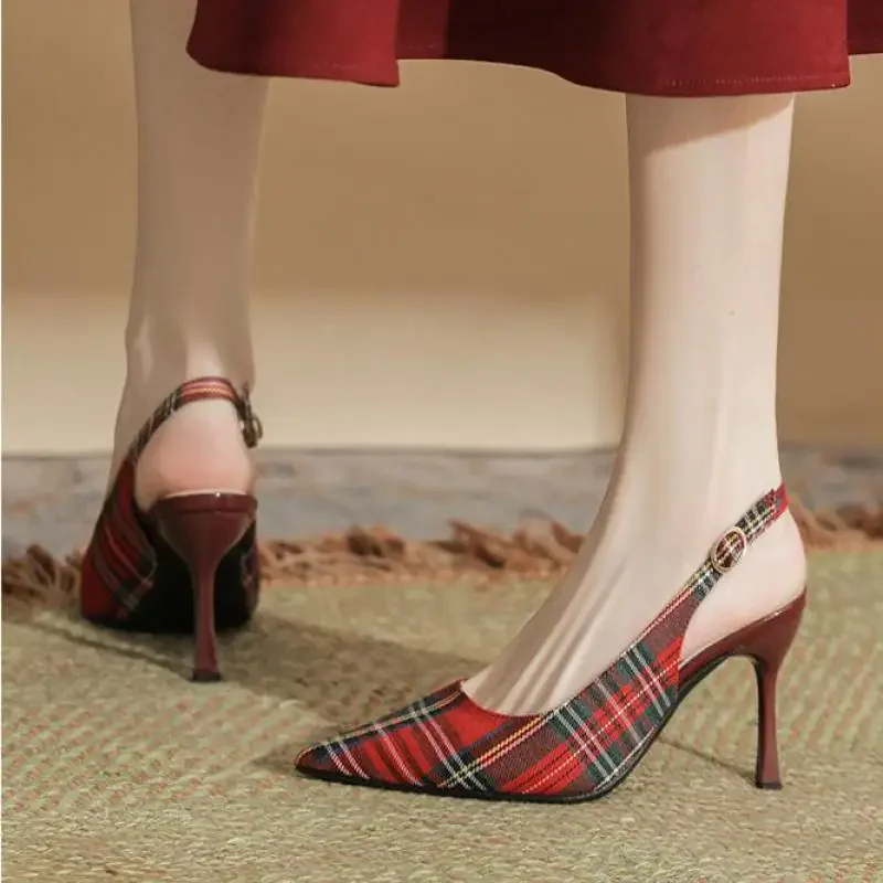 

Размер 31-44, Новое поступление, красные туфли на высоком каблуке в клетку с острым носком на шпильке для женщин, модельные туфли на тонком каблуке