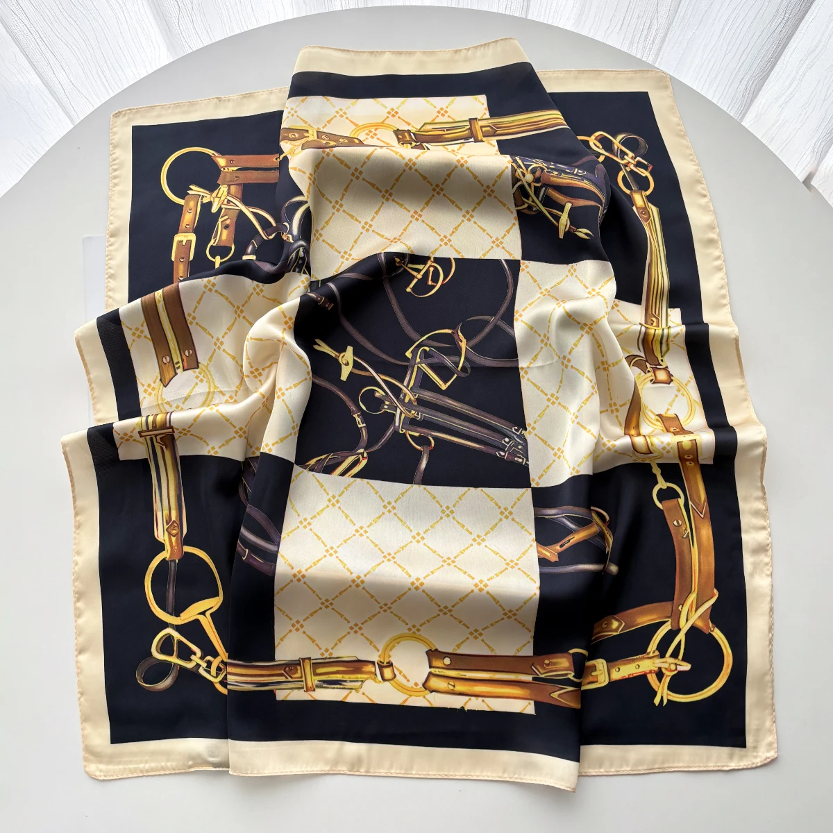 Sommer-Schal für Damen, Imitation-Satin, quadratisch, luxuriöser Druck, Haarband, Foulard, Bandana, Dekoration, Halstuch, Stirnband – Detail 8