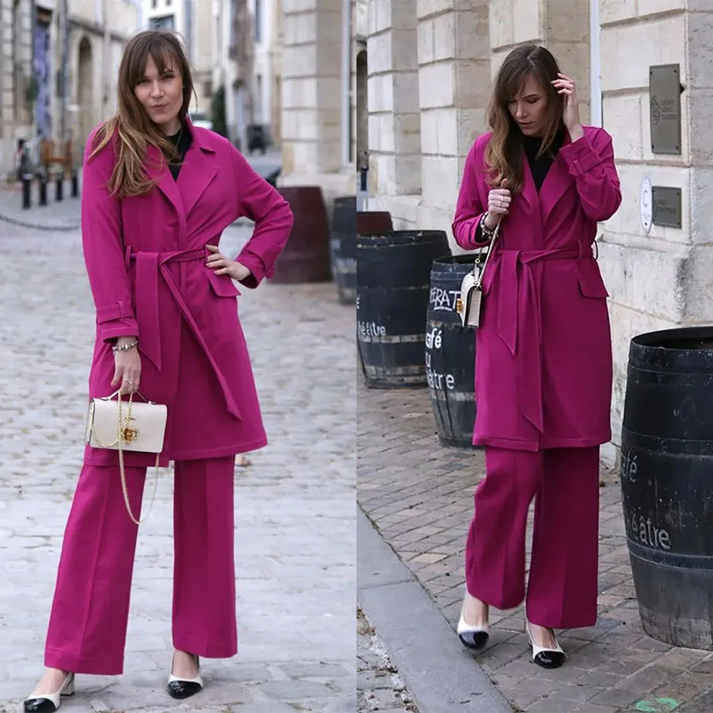 Fashion Fuchsia Women Suits Custom Made Notched Lapel Loose Long Coat With Belt Streetwear Daily Pantsuits 2 Pieces Set