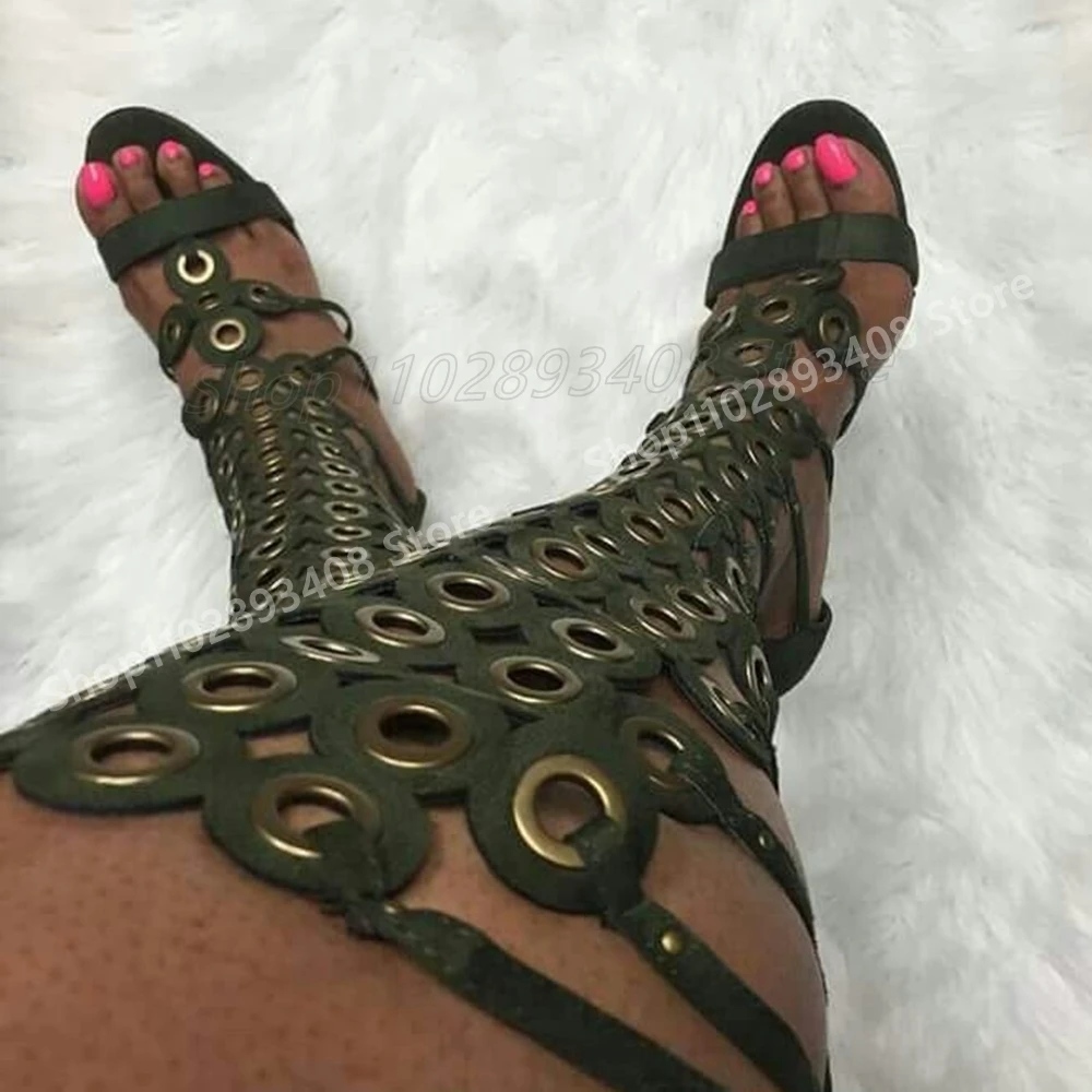 

Blue Many Round Rings Decor Mid Calf Boots Open Toe Sexy Stiletto High Heel Belts Fashion Women Shoes 2025 Summer Para Mujere