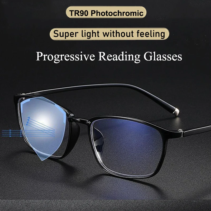 TR90 Round Photochromic Progressive Multifocal Reading Glasses Men，Women Fashion Anti-blue Light Presbyopic Glasses Eyeglass