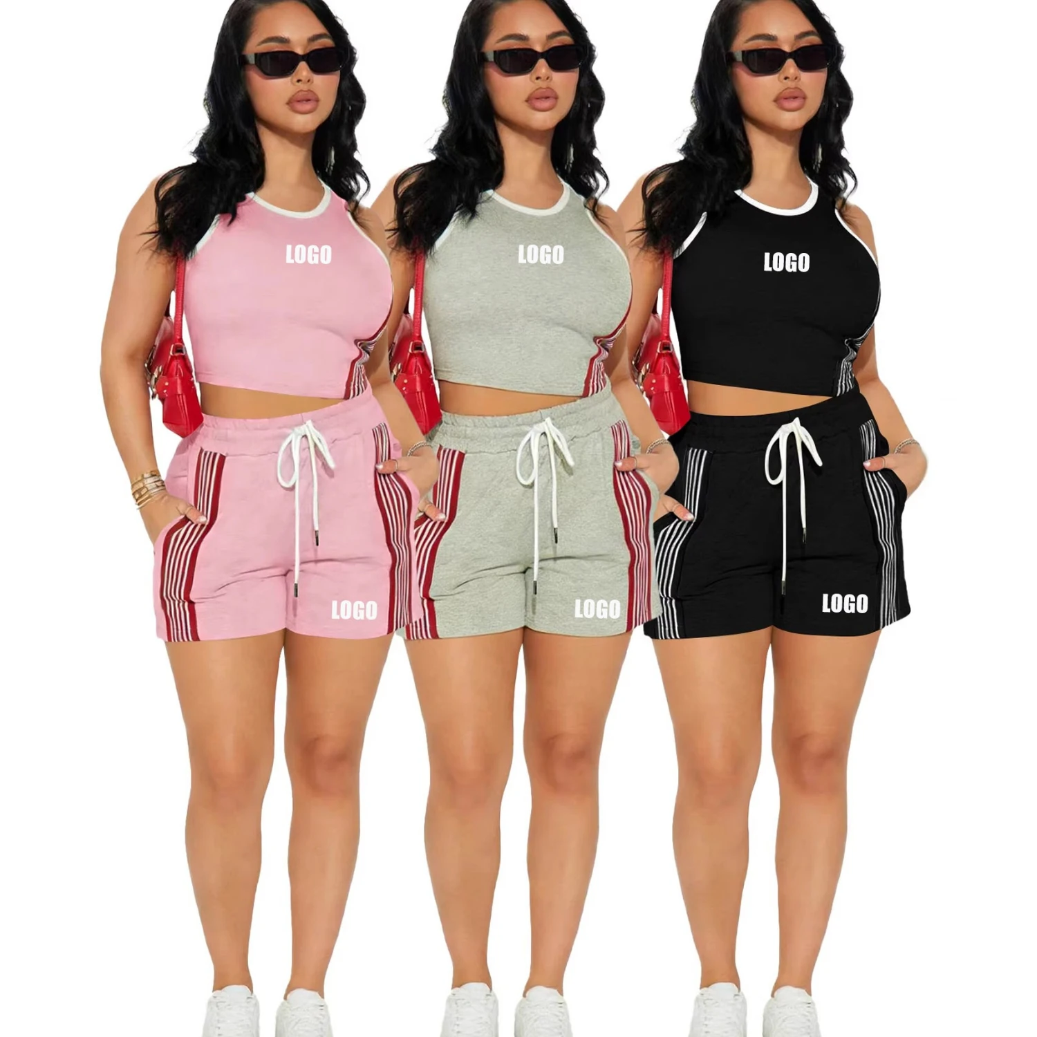 Customized LOGO women's fashion casual vest and side striped sports wind drawstring pocket shorts two-piece set
