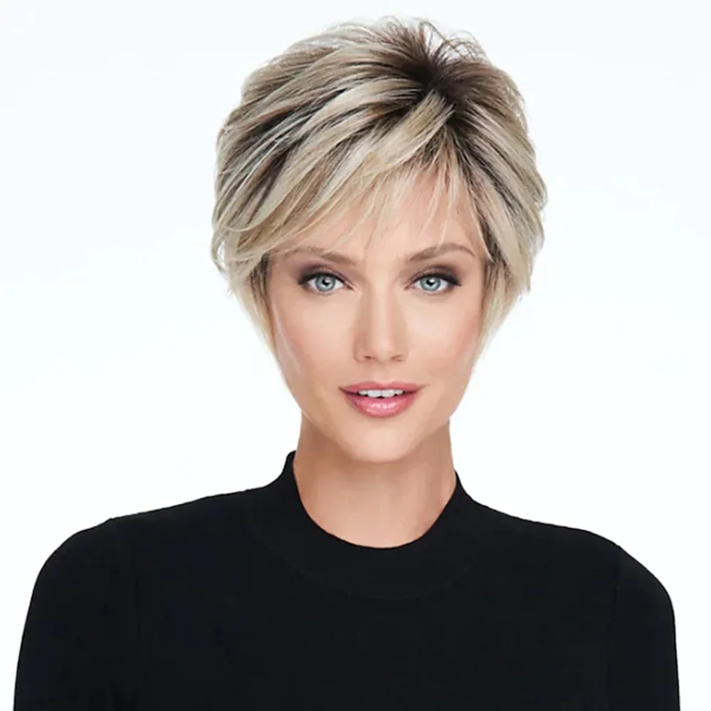 

Short Light Blonde Synthetic Hair 6 inch Synthetic Wig kinky Straight Asymmetrical Machine Made Costume Wig for Women