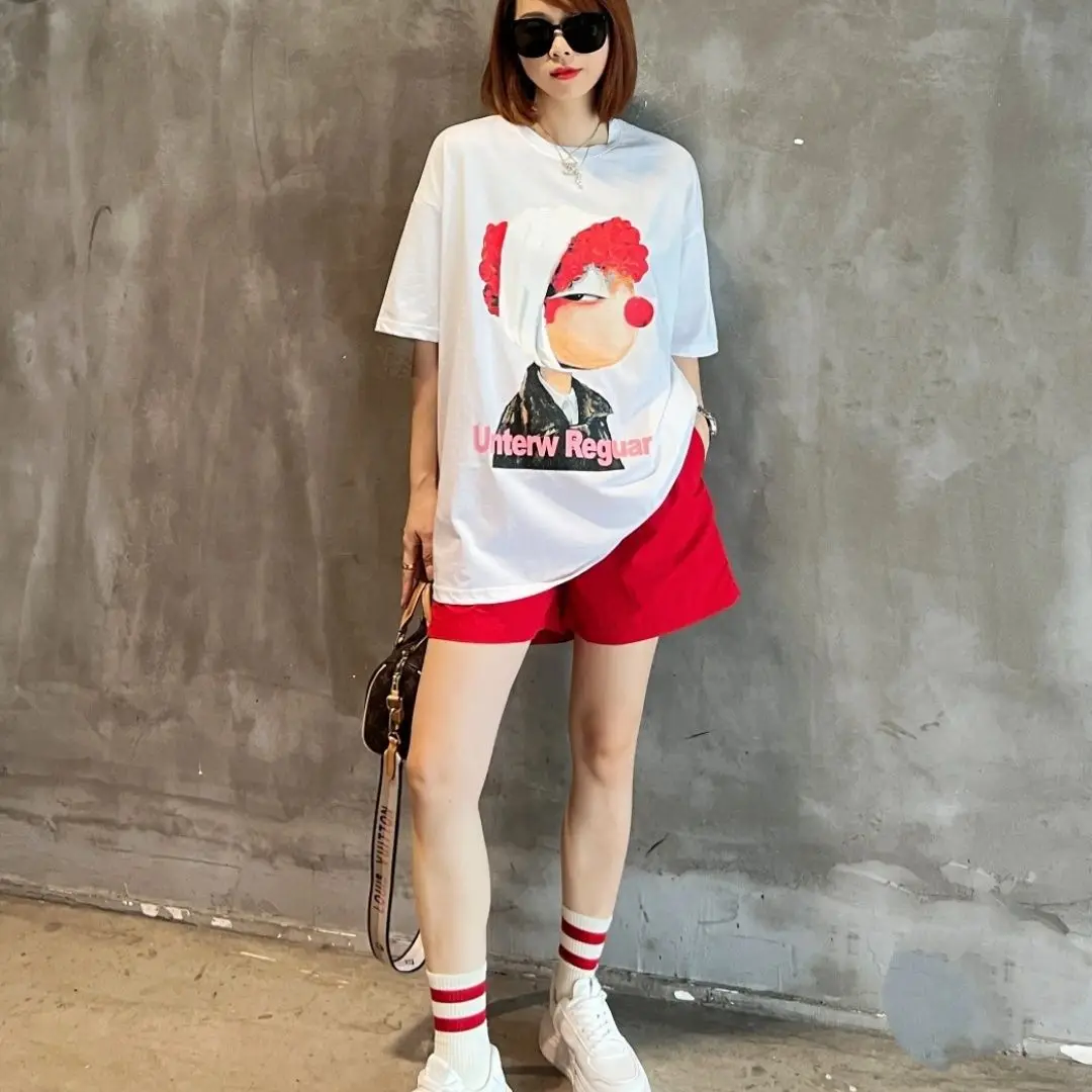 Summer 2024 New Korean Fashion Printing O-neck Short Sleeve Two-piece Suit Female Casual Loose Elastic Waist Short Sets Women\'s