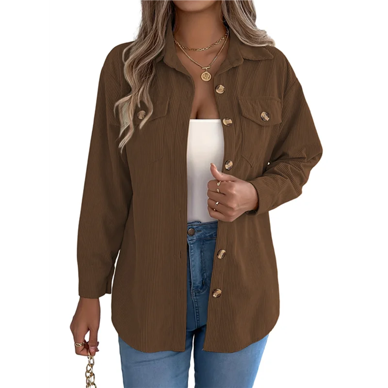 

ABRT- Вязаная рубашка Женская осенняя вельветовая рубашка с короткими рукавами Рубашка с длинными рукавами Рубашка на пуговицах Куртка Кофейная M