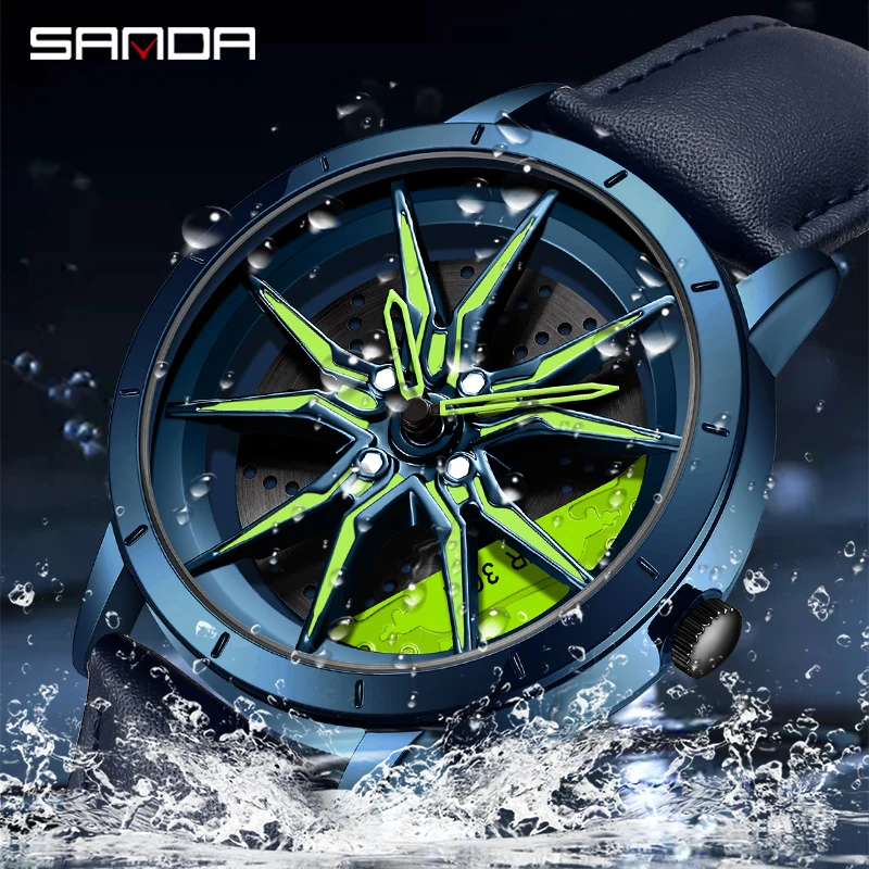 SANDA P1089 2023 Hollow Rotation Watch For Men\'s Car Wheel Rim Hub Style Quartz Wristwatch Military Waterproof Male Wrist Clock