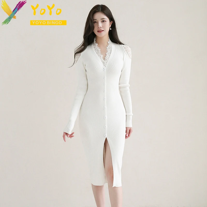 

White Lace Edge V-neck Long Sleeve Cardigan Single Breasted Knitted Dress Fashion Slim Bodycon Sweater Dress 2023 Autumn/Winter