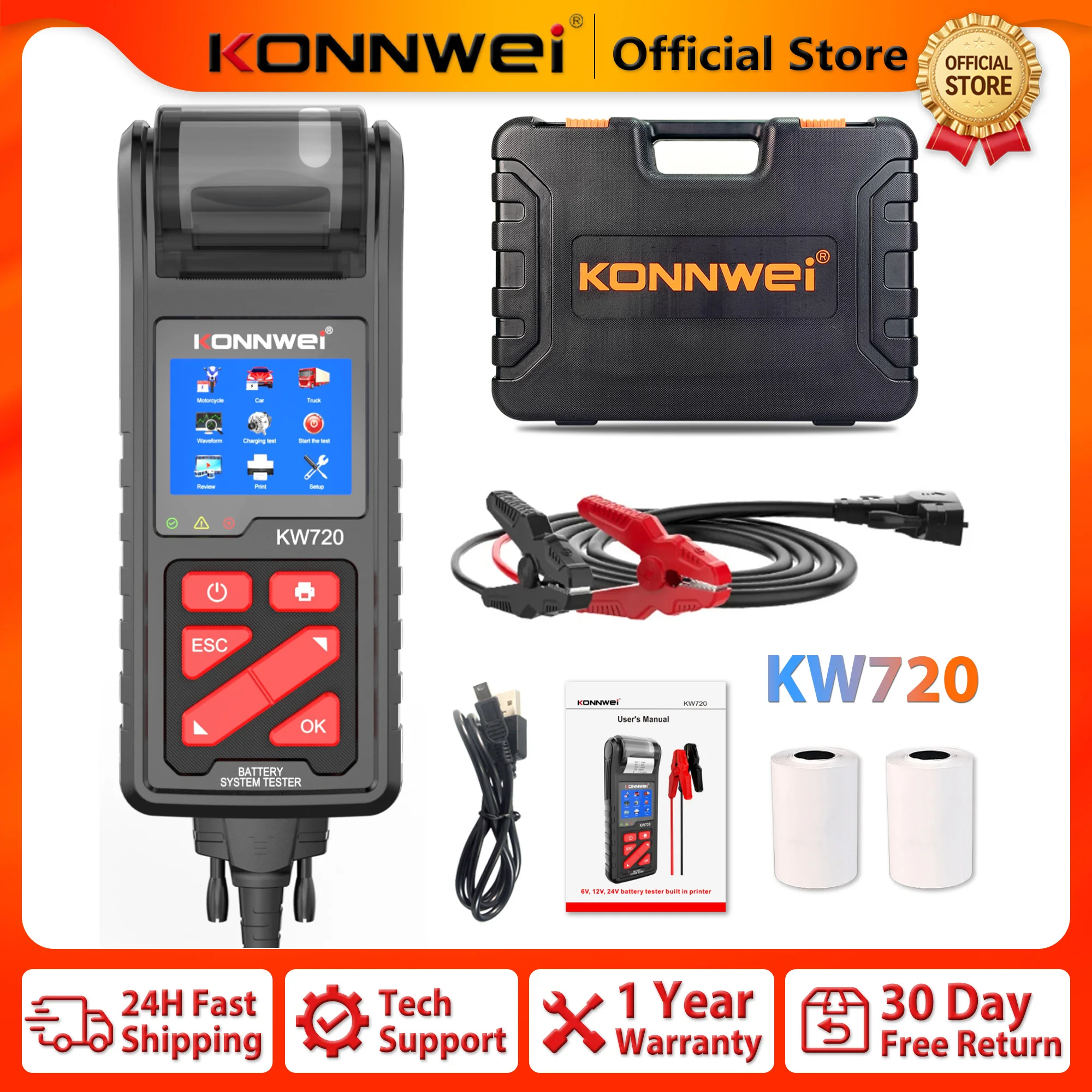 2026 KONNWEI KW720 Professional Car Battery Tester With Built-in Printer 2V/6V/12V/24V30V Motorcycle Car Truck Battery Analyzer