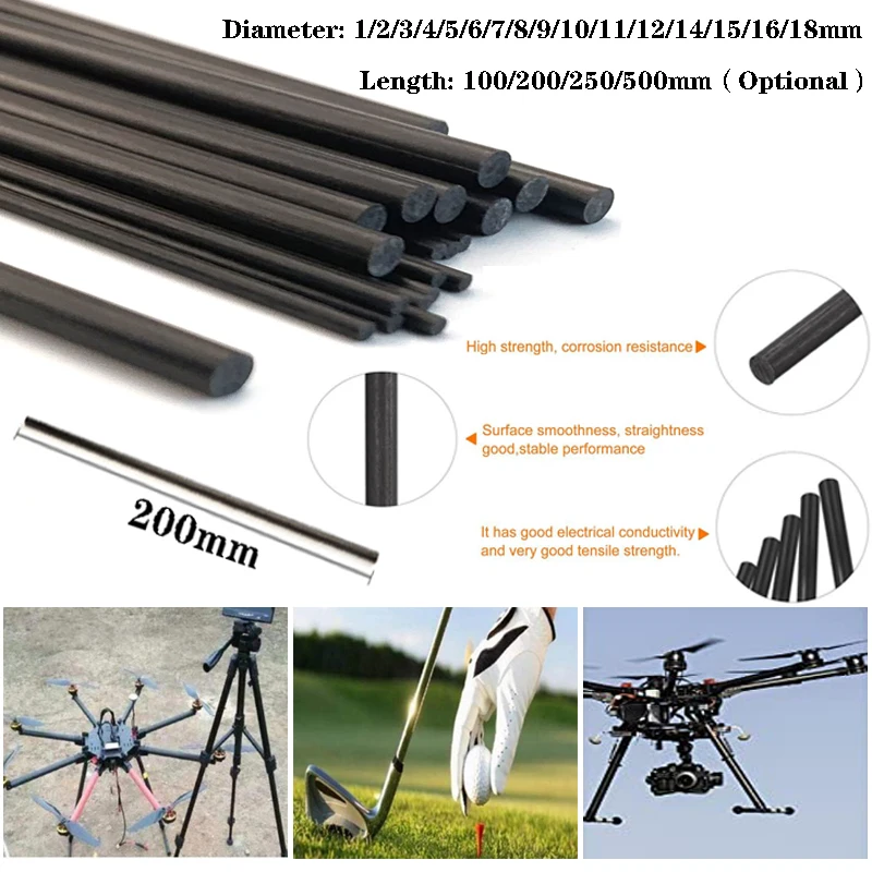 

1/5/10pcs Solids Carbon Fiber Rod D:1mm-18mm (L:100/200/250/500mm) Reinforcement Rod high strength light weight for DIY