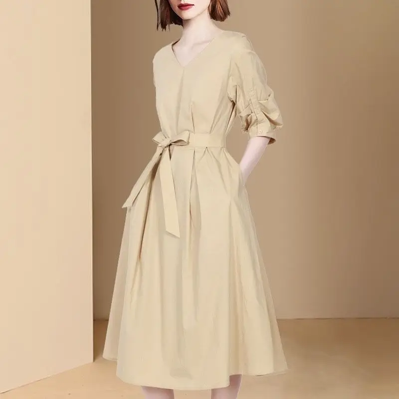 Stylish Drawstring Bow Dresses Women's Clothing Elegant V-Neck Loose A-Line Summer Half Sleeve Korean Solid Color Midi Dress New