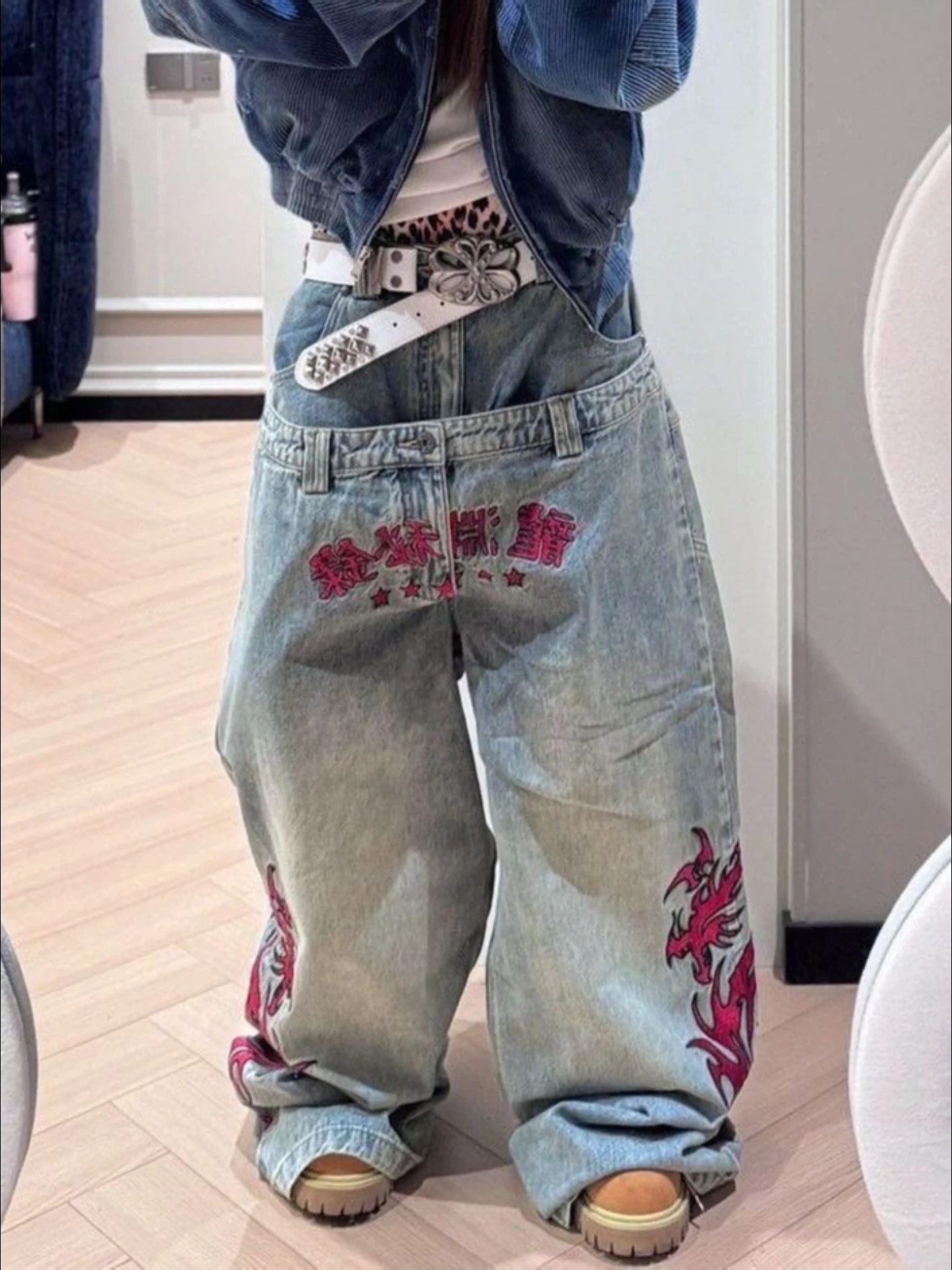 

Street Style Oversized American Vibe Double Waist Embroidered Totem Denim Jeans High Waist Wide Leg Floor Length for Women