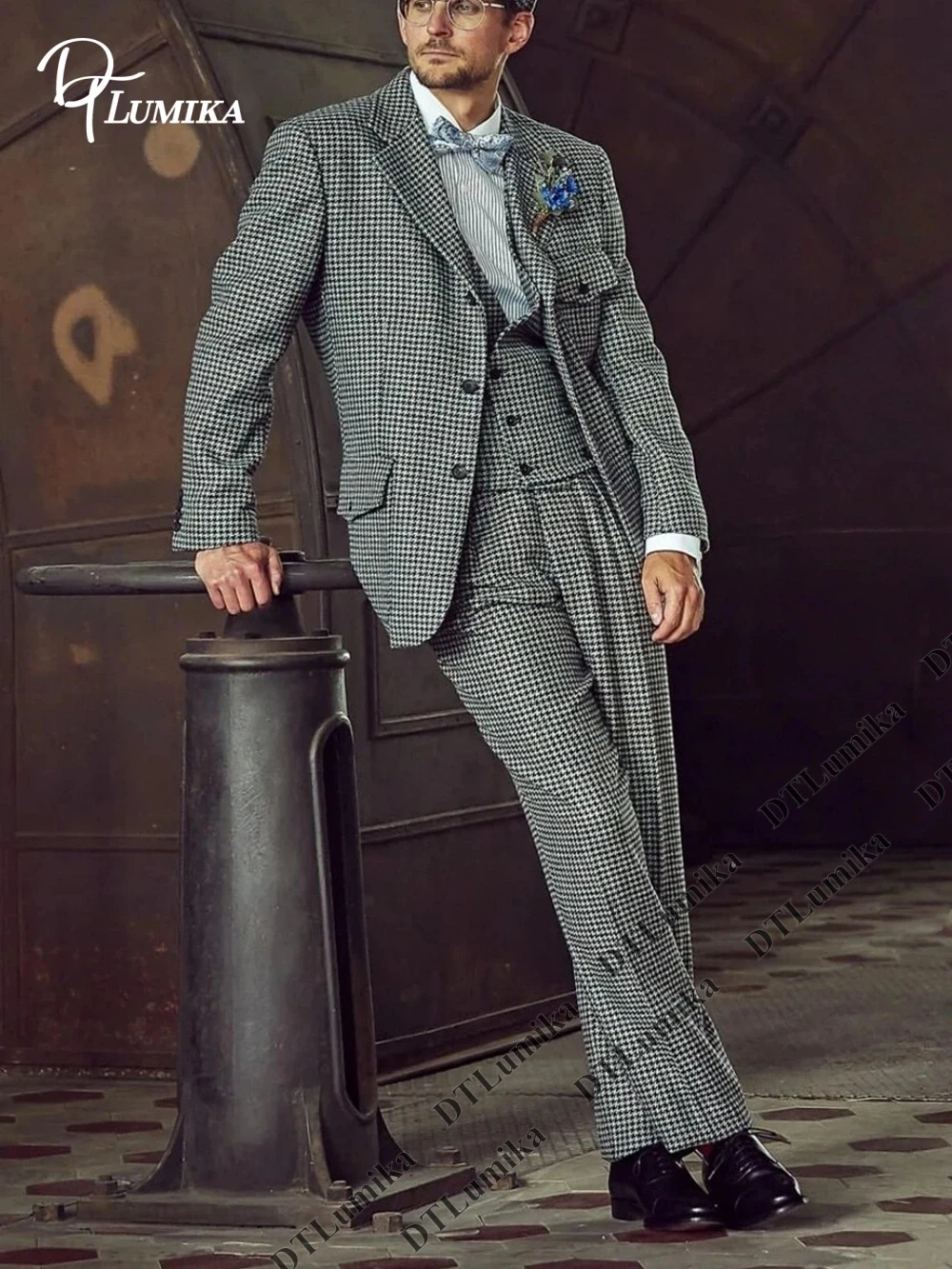 Personalized Tailored Men Houndstooth Suit Jacket Pants Vest Set Regular Fit Business Formal Wear for Men, Three Piece Suit
