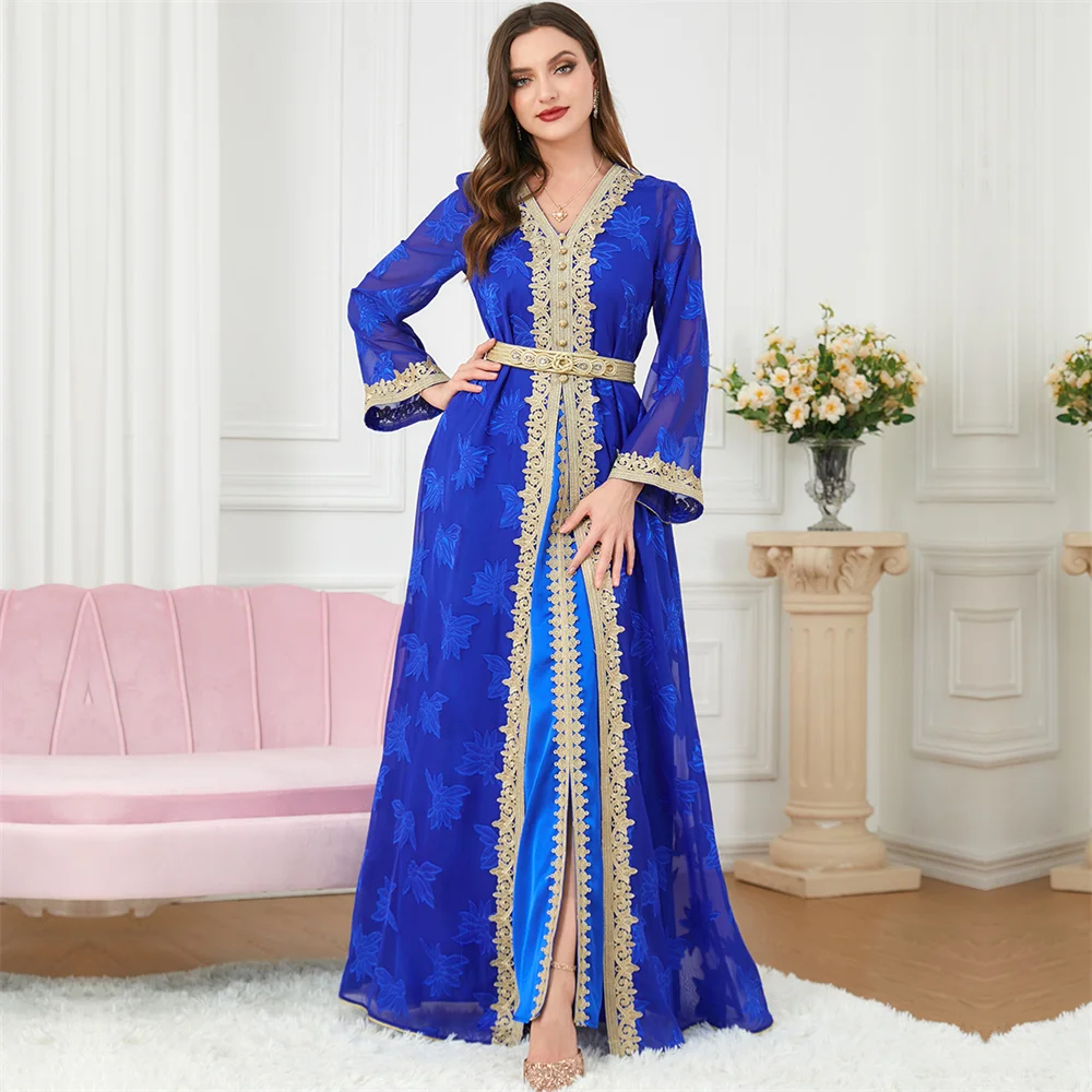 2 Piece Moroccan Kaftan Muslim Women Evening Party Dresses Set Eid Ramadan Dubai Turkey Abaya Gulf Jalabiya Caftan Robe Outfits