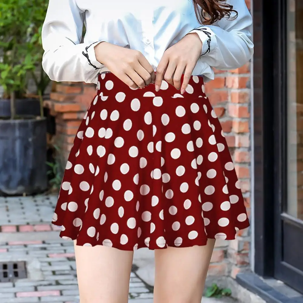 

Spring Summer Women Dot Printed Skirt Loose High Waist A-line Pleated Midi Dress faldas para mujeres