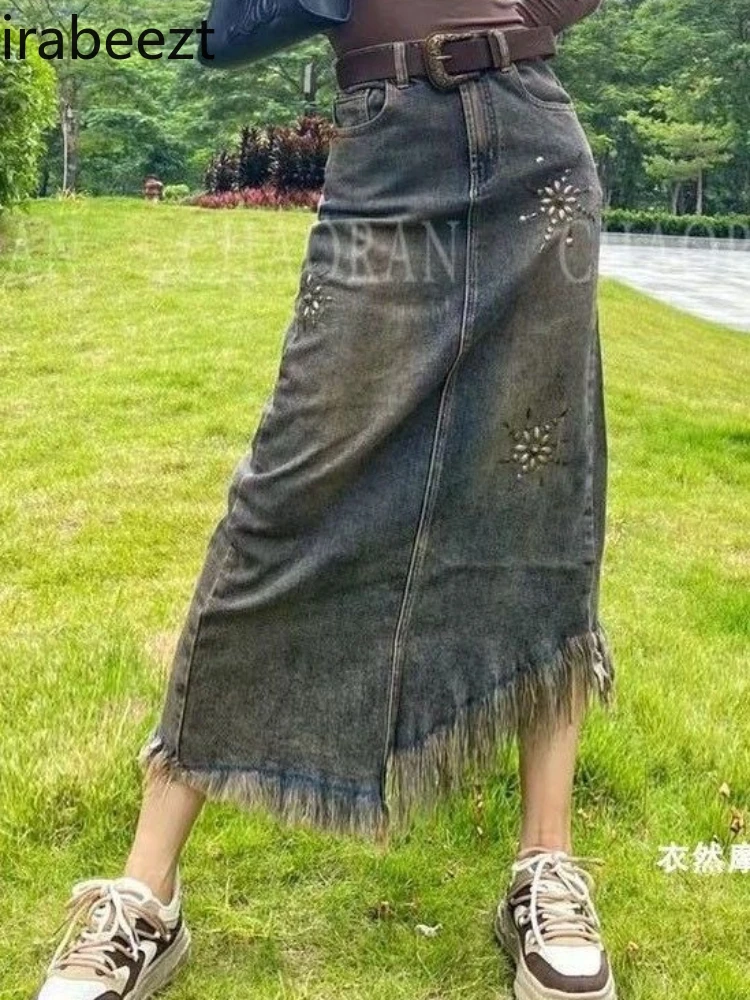 

Summer High Waist Rhinestone Studded Denim Skirt for Women Retro A-Line Slit Long Skirt with Irregular Hem and Fringe