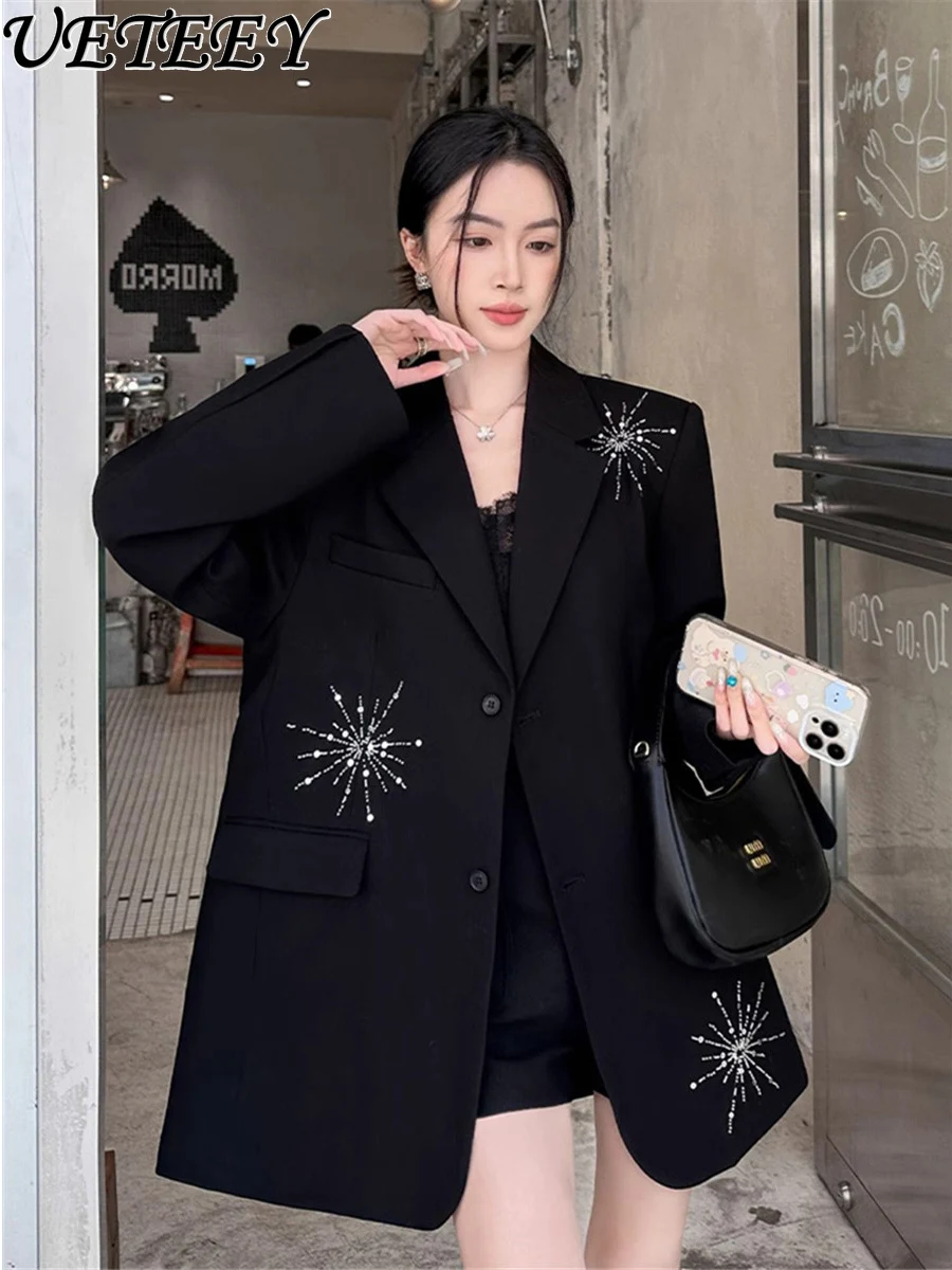 

Высококачественный легкий роскошный черный свободный пиджак с бриллиантами для женщин, осенний светский нишевый повседневный пиджак с бисером