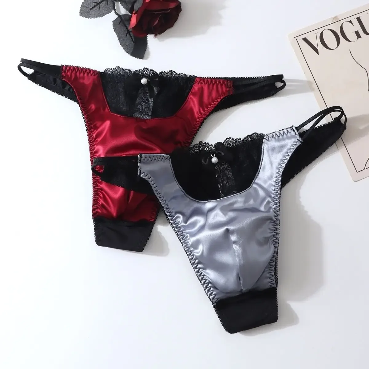 กางเกงในชายแบบซิลค์ทัช ลูกไม้ สายเดี่ยว เซ็กซี่ สไตล์ฮาราจูกุ ชุดชั้นในแบบทีแบ็ค กางเกงในอีโรติก ของขวัญสำหรับแฟน