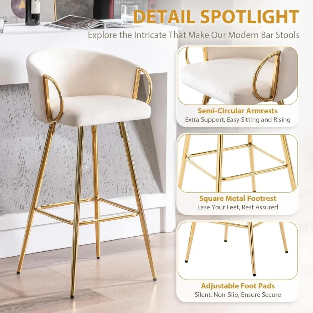 Stools Set of 4, 26 Inch Counter Height Bar Stools Velvet Low Back Chair with Golden Armrest for Kitchen Island/Home Bar/Dining