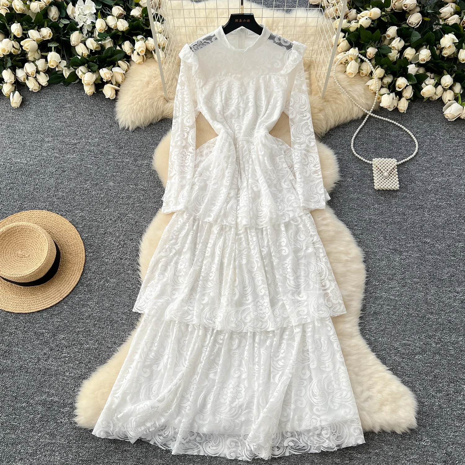 Women Stand Neck Vintage Long Sleeve Elegant Hook Flower Hollow Lace Slim Ruffle Fairycore Dress French Evening Autumn Clothing