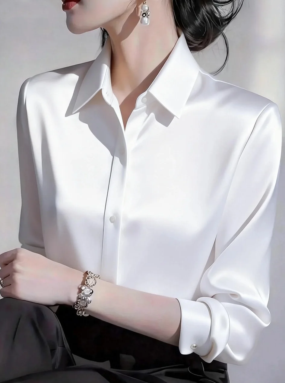 

Women Satin Button Down Shirt Long Sleeve Formal Work Blouse Top