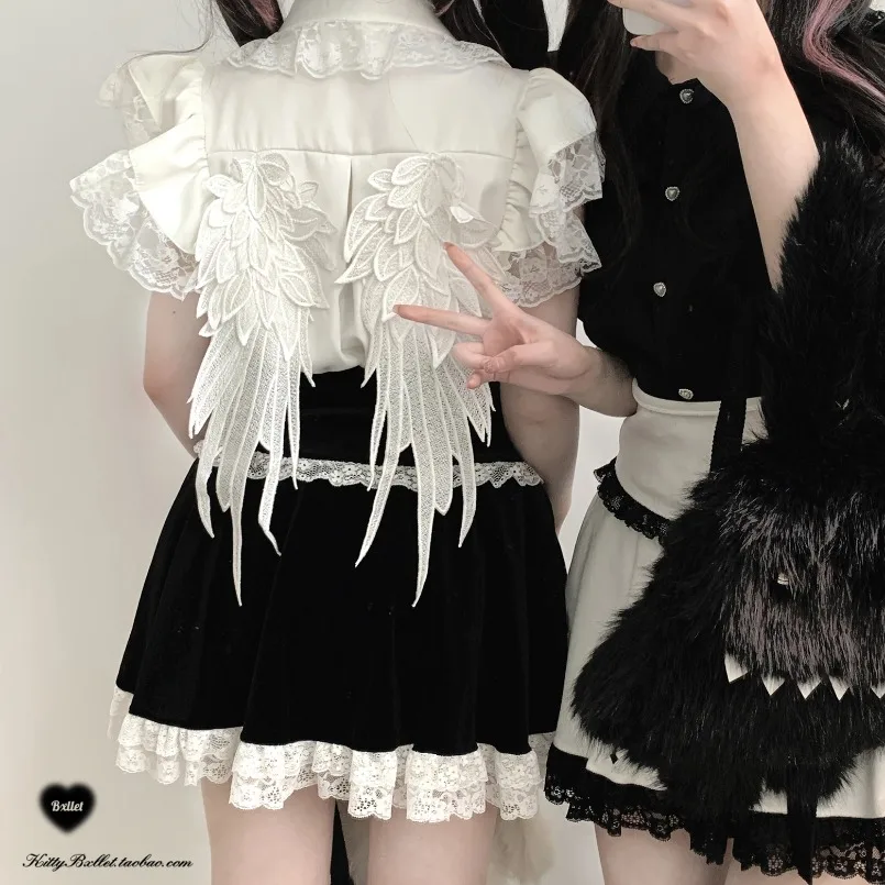 New Japanese Mine Angel Wings Lace Bow Short Sleeve Black and White Shirt Sweet Blouses High Waist Jacquard Strap Long Skirt