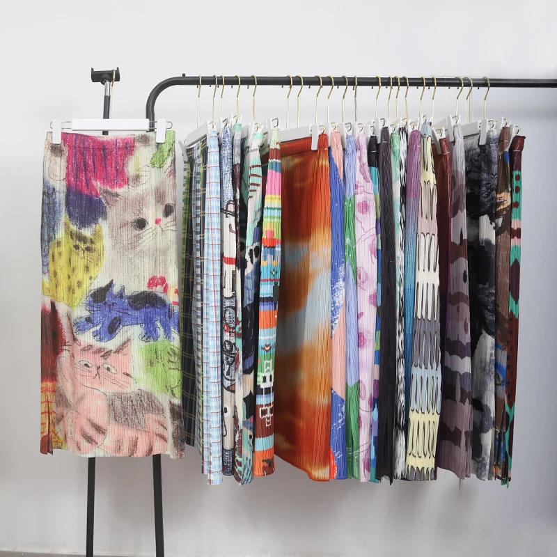 Summer New Three-Residence High-Waisted Printed A-Line Skirt Elastic Waist Pleated Non-Lightweight Floral Half-length Skirt