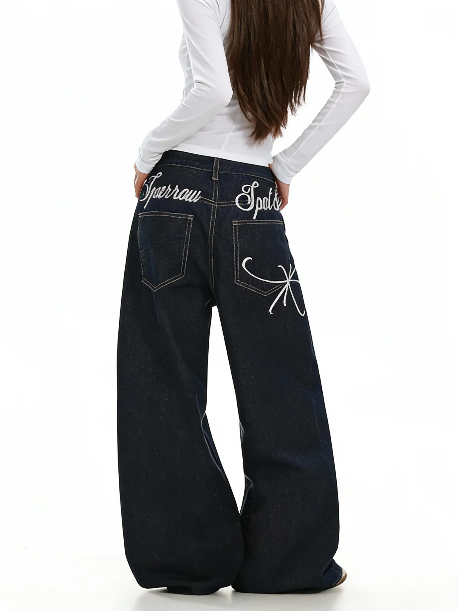 

American Sle Retro Embroidered Letter Jeans Women's Loose Straight Leg Floor-Length Trousers Faionable l Waist