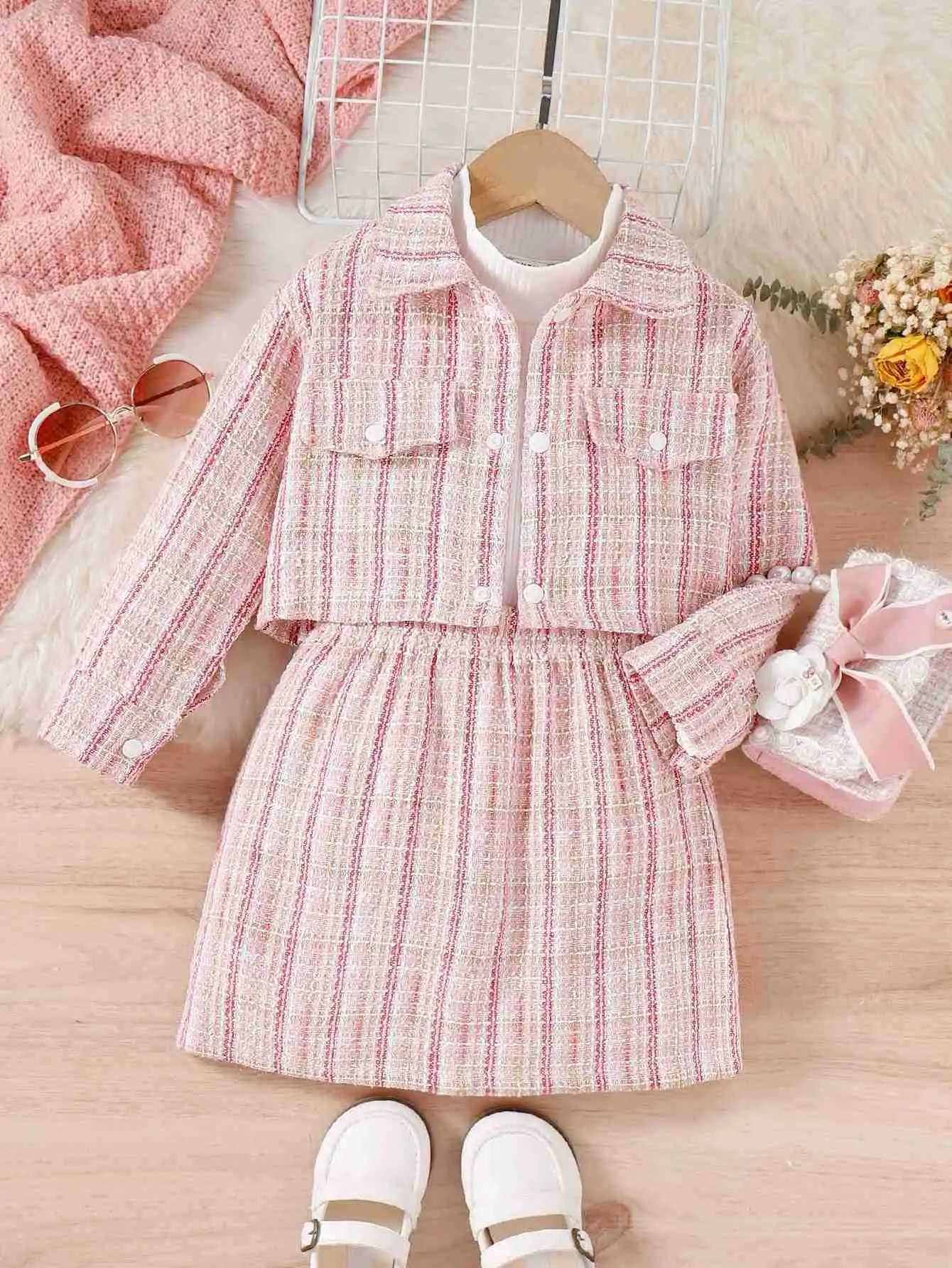 Kids Clothing for Girls 3 Pieces Sets Autumn Winter Sweet Cute Coat Skirt Base Shirt Single Breasted Turn Down Collar Pockets