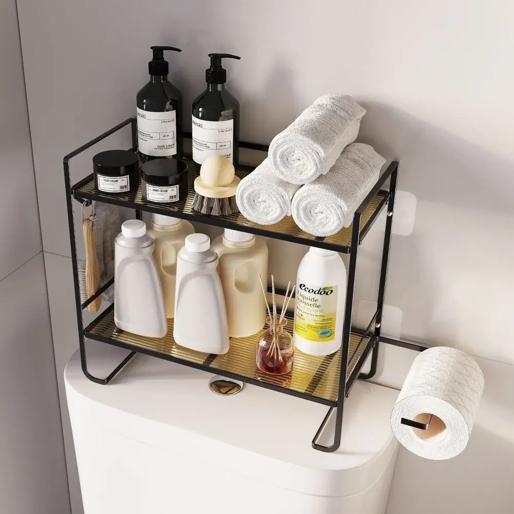 Over The Toilet Storage Shelf 2-Tier Multi-Purpose Large Capacity Over Toilet Bathroom Organizer With Paper Holder And 2 Hooks