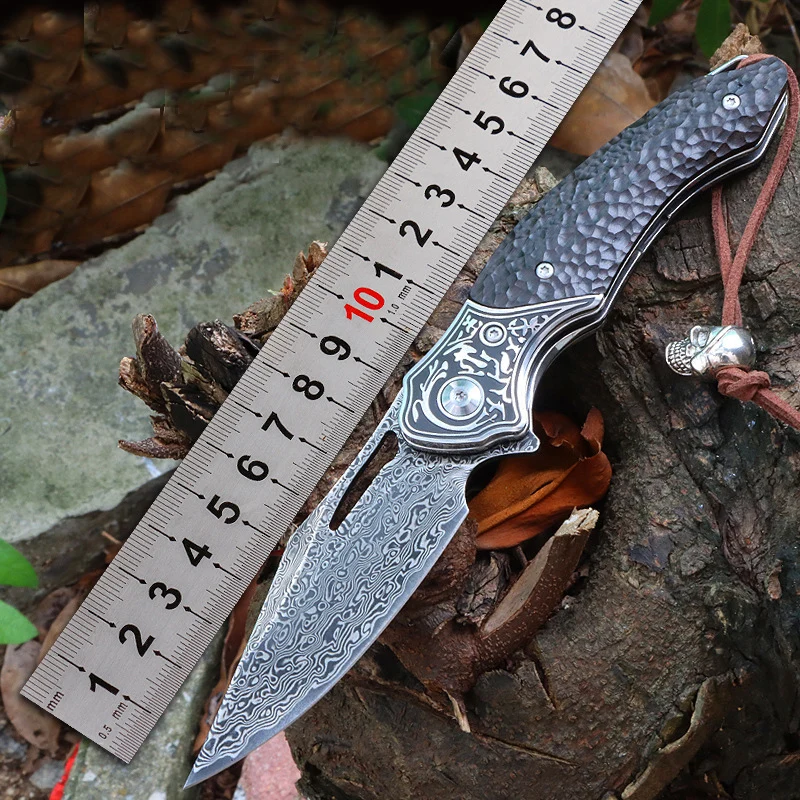 

Damascus folding knife High hardness Damascus VG10 steel Hand forging With leather cover camping tool outdoor EDC tool