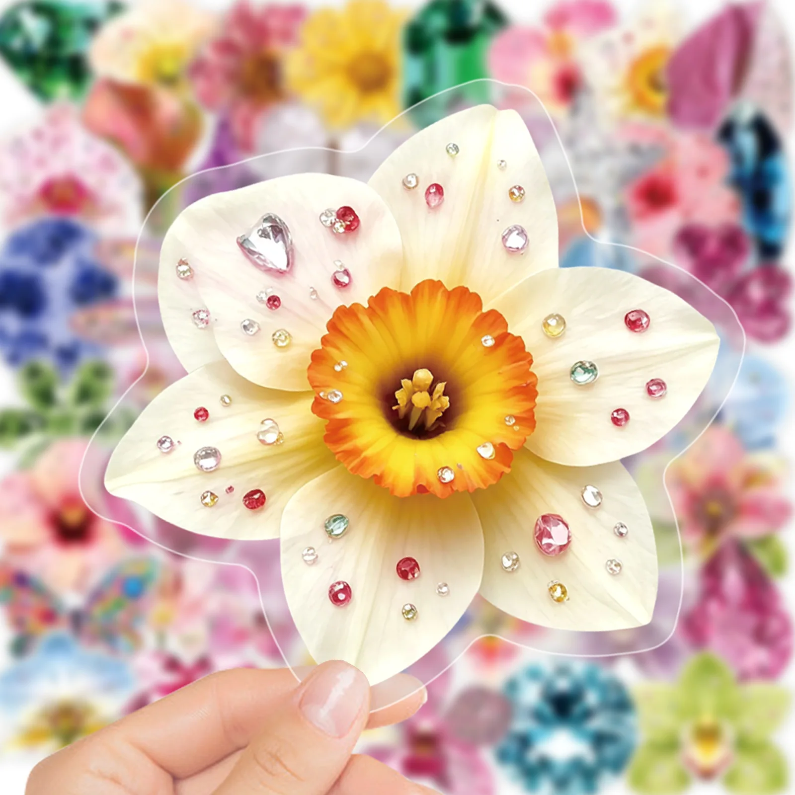 50Pcs Gem Diamond Flower Transparent Waterproof PET Stickers Decals for Folder Luggage Journal Skateboard Helmet DIY Decor