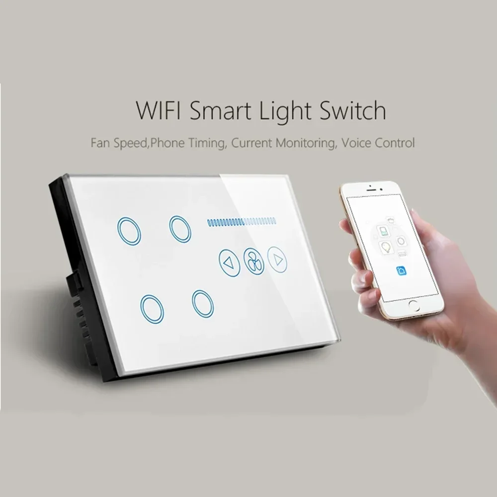 Shawade Wifi Smart Tuya Lichtschalter Lüfter Geschwindigkeitsregelung Glas Touch Panel Power Monitor Interruptor Remote von Alexa Google Home