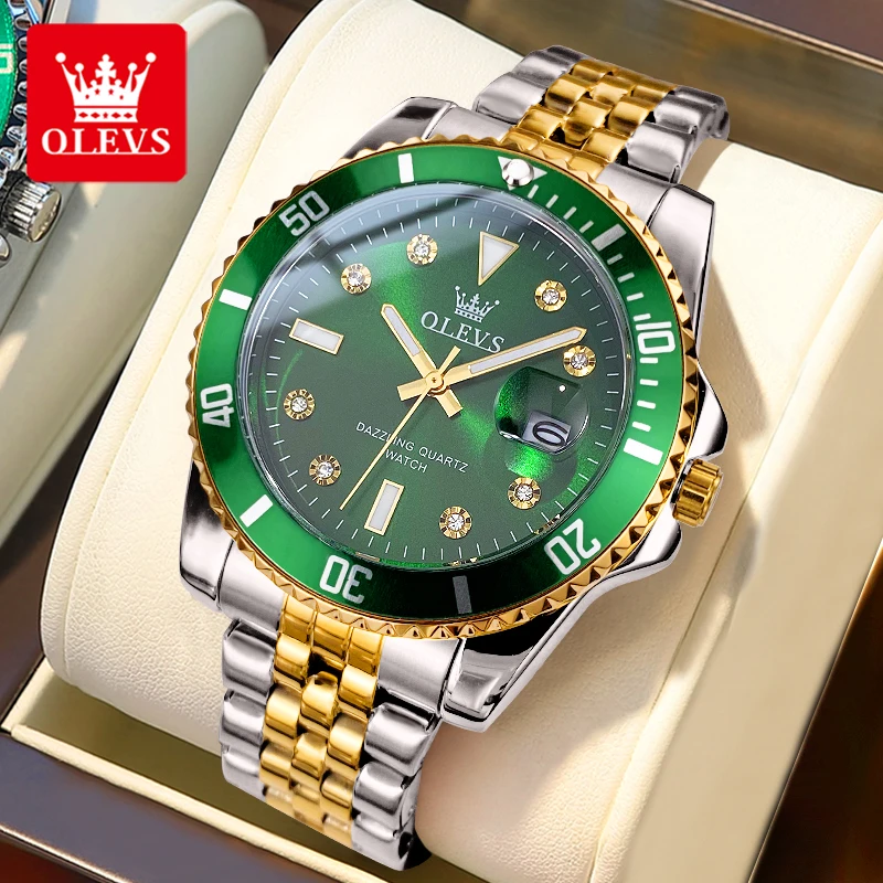 OLEVS Luxury Brands Original Men Watch Luminous Green Dial Quartz Watch Waterproof Stainless Steel strap Calendar Authentication