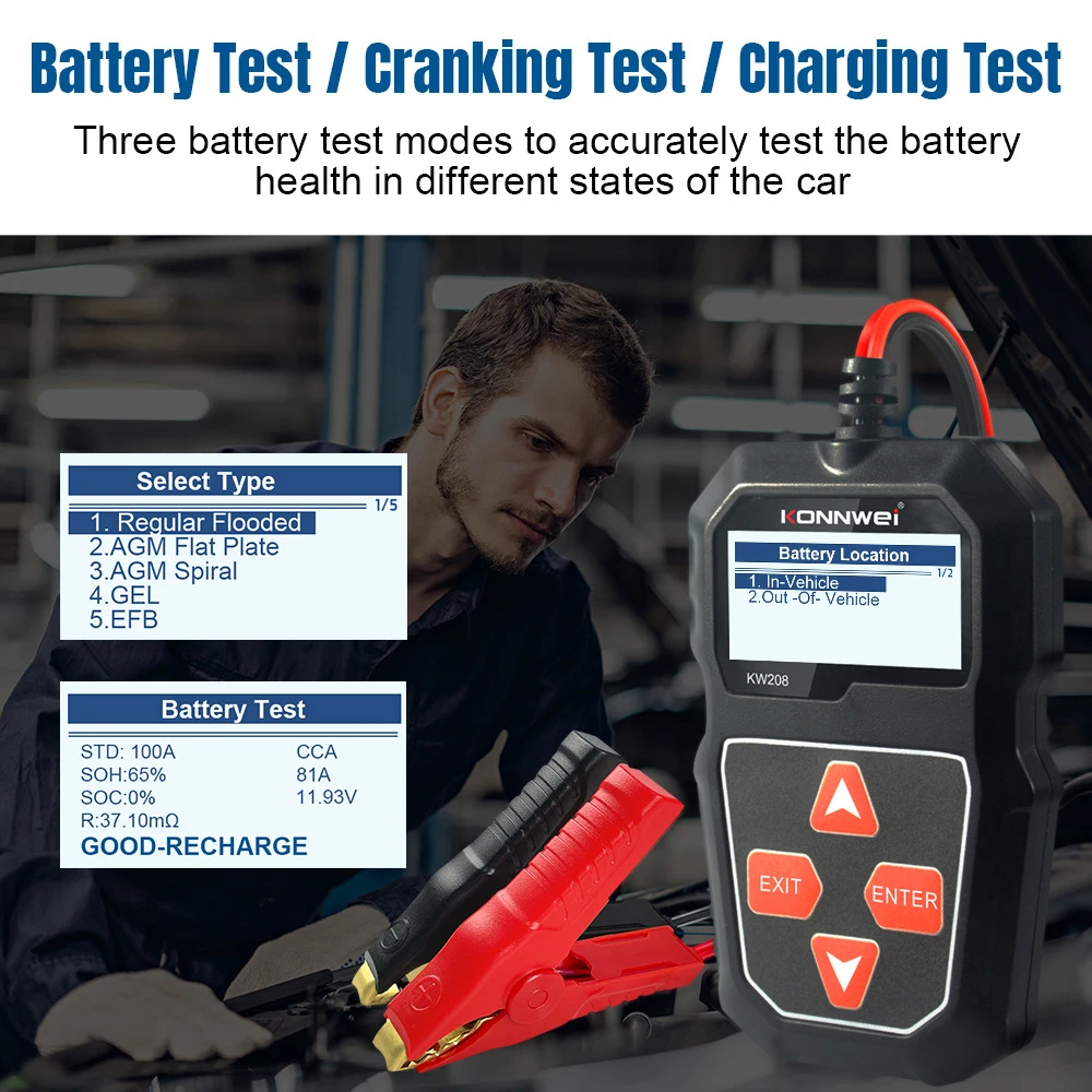 Car Battery Tester for 12v vechicles KONNWEI KW208 100 to 2000CCA Cranking Charging Circut Tester Battery Analyzer