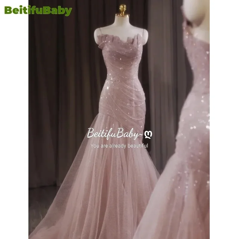 BeitifuBaby Luxury Dress for Women Evening Party Vestidos De Fiesta One Shoulder Princess Style Sequin Fishtail Cocktail Dresses