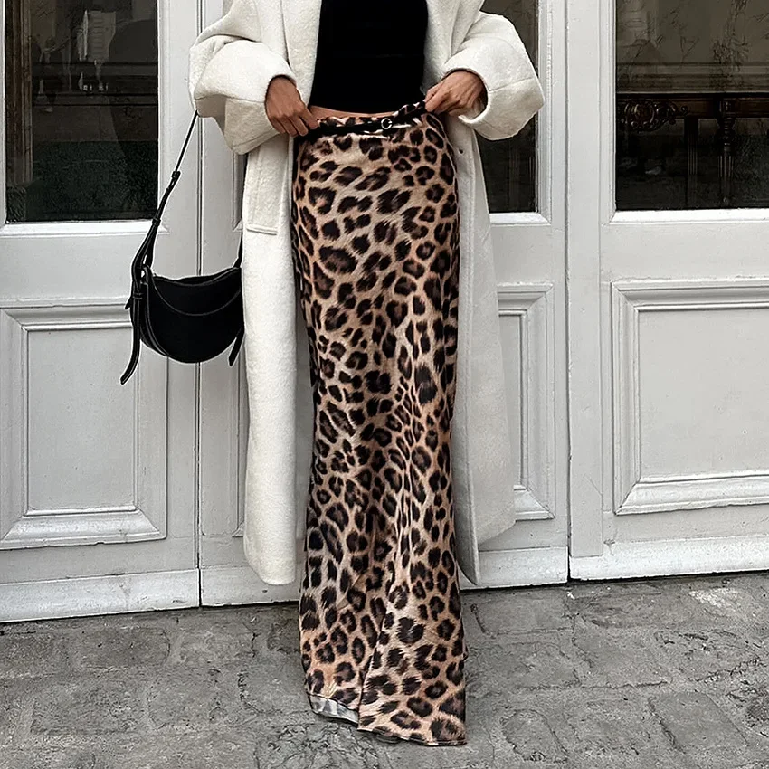 

Vintage Women's Leopard Print Satin Skirt Female Summer High Waist Midi Skirt Woman Fashion Elegant Long Skirts