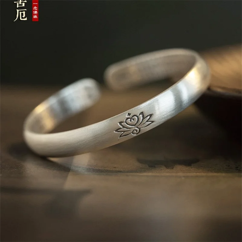 

Ladies' pure silver S999 solid bracelet, ethnic style heart sutra lotus simple retro silver bracelet bracelet bracelet gift