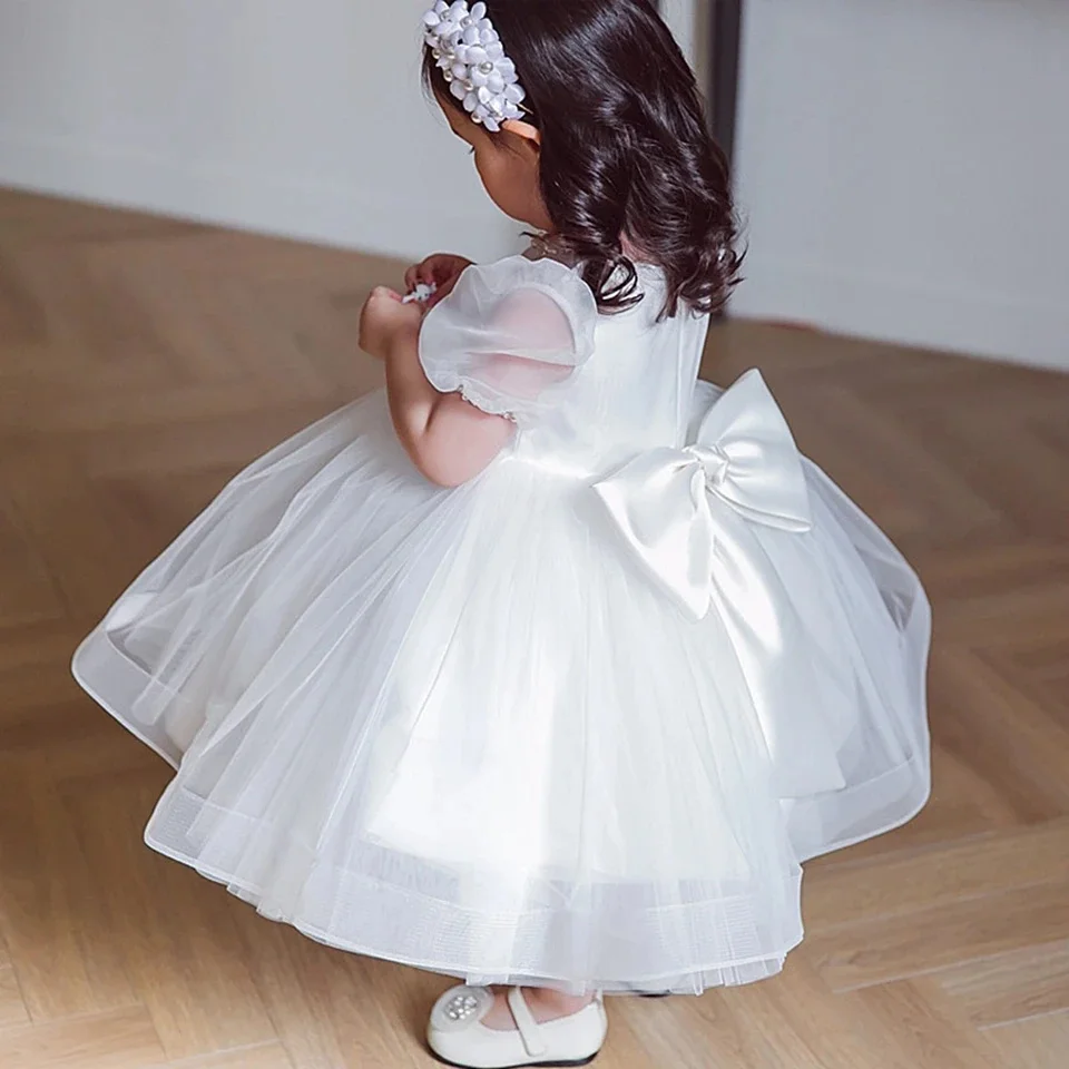 Lovely White Flower Girl Dresses For Wedding Birthday Party Tulle Puffy Beading Knee Length Bow First Communion Gowns Wear