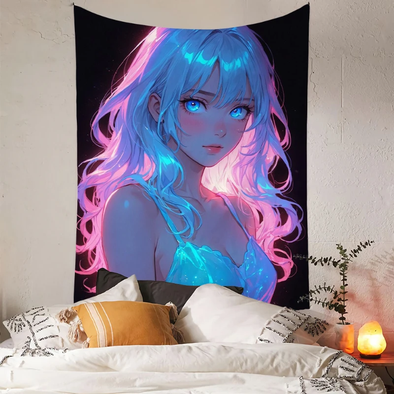 VIKAMA Kawaii Rainbow Anime Girl Wall Tapestry Neon Aesthetic Wall Hanging Pastel Art for Bedroom Dorm Home Decor