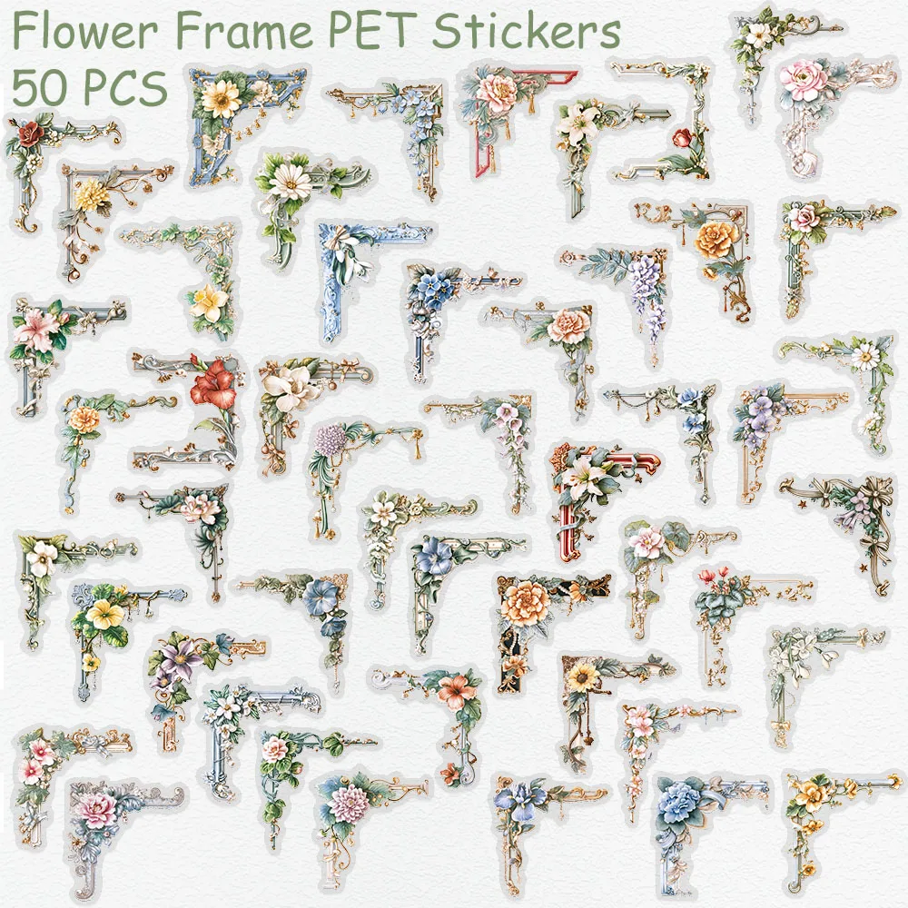 50 stücke Retro Blume Rahmen PET Aufkleber Aufkleber Für Telefon Laptop Notebook Kühlschrank Gitarre DIY Ästhetische Transparente Aufkleber – Detail 2
