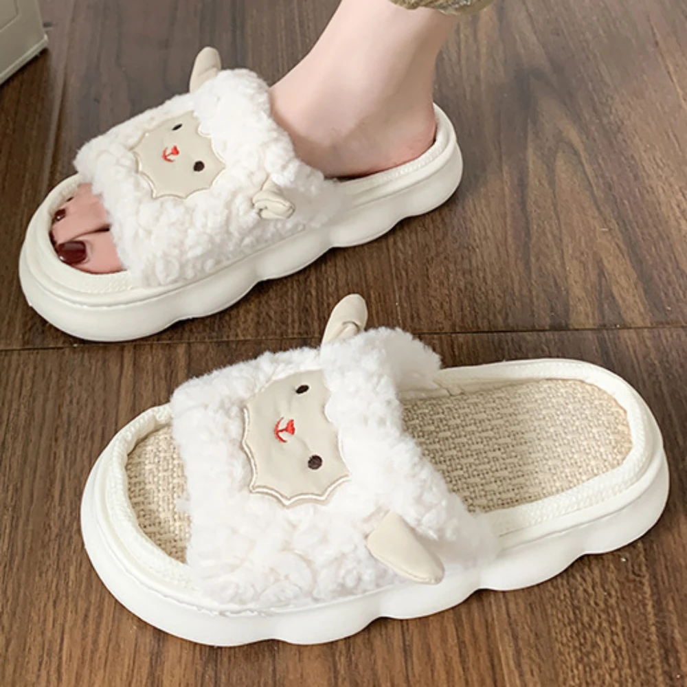 Cute Lamb Ladies Soft Sole Casual Couple Style New Shoes Ventilated Comfortable Pattern Design Non-slip Linen Home Slippers