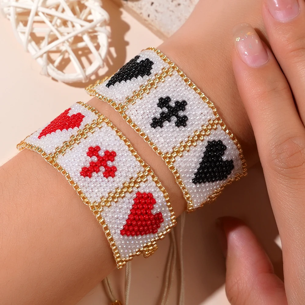 

1 PC Handmade Poker Card Beaded Bracelet for Women Men Adjustable Woven String Jewelry Heart Spade Club Design Gift