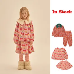 2023 New Kids Clothes Girls JM Korea Corduroy Cute Printed Wool Cherry Jacket and Skirt Baby Girl Outfit Set Children's Clothing